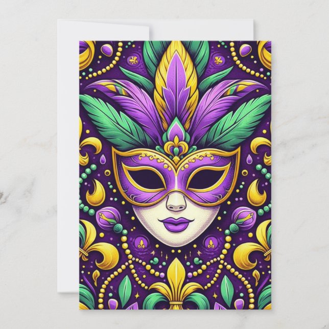 Cartes Pour Fêtes Annuelles Masque Mardi Gras/perles/fleur de lis (Devant)