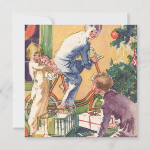 Cartes Pour Fêtes Annuelles Matin de Noël vintage, enfants avec des cadeaux