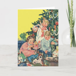 Cartes Pour Fêtes Annuelles Matin de Noël Vintage, Enfants Ouverture Cadeaux