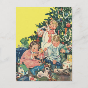 Cartes Pour Fêtes Annuelles Matin de Noël vintage, enfants ouvrant des cadeaux