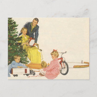 Cartes Pour Fêtes Annuelles Matin de Noël vintage, famille ouvrant des cadeaux
