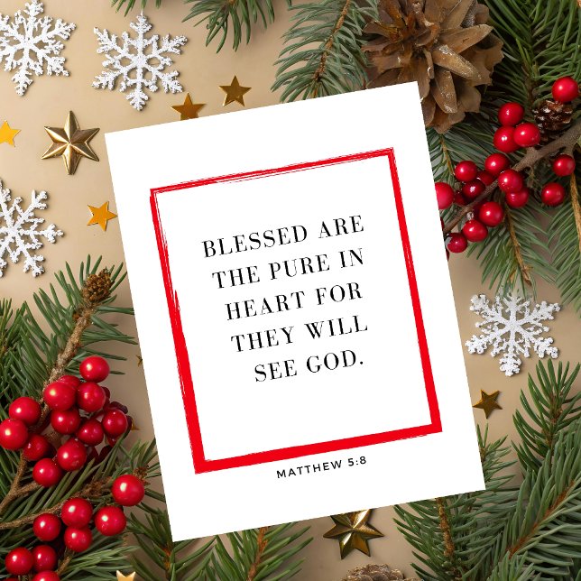 Cartes Pour Fêtes Annuelles Matthew 5:8 Bible Verse Christmas Greeting Card (Christmas greeting card with red square and Matthew 5:8 Bible verse on beige festive background.)