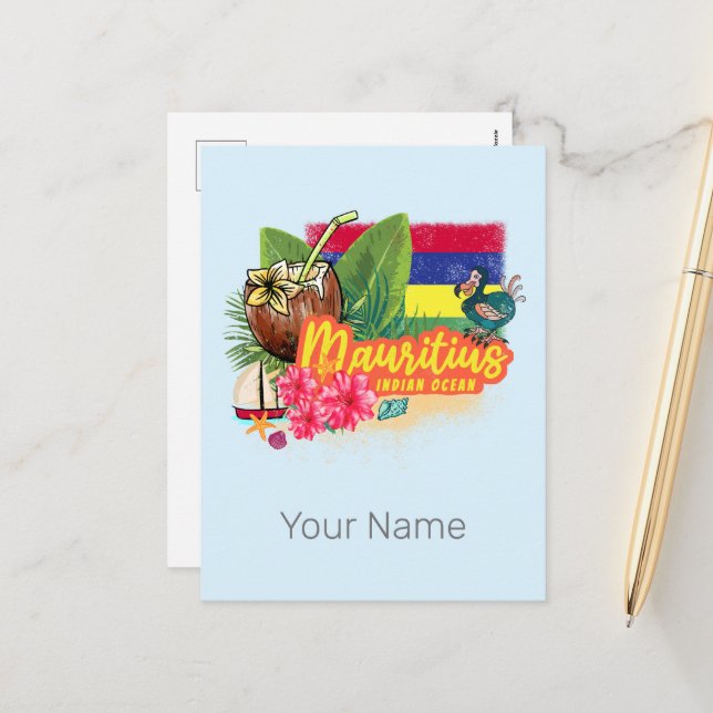 Cartes Pour Fêtes Annuelles Maurice Retro Océan Indien Dodo et drapeau Vintage (Devant/Arrière en situation)