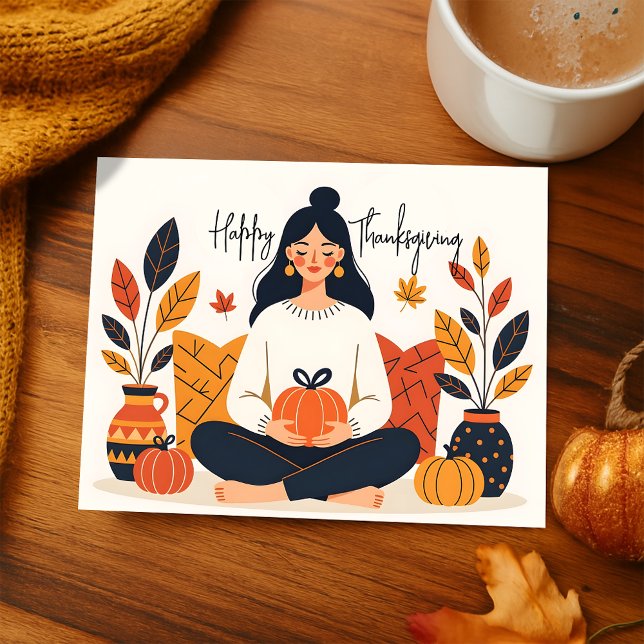 Cartes Pour Fêtes Annuelles Méditation d'automne cosy Femme Citrouille Thanksg (Créateur téléchargé)
