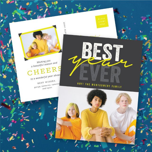 Cartes Pour Fêtes Annuelles Meilleure année écriture manuscrite Script Photo m (Neon Yellow Best Year Ever Handwriting Script Modern Photo Holiday Postcard @ fat_fa_tin)