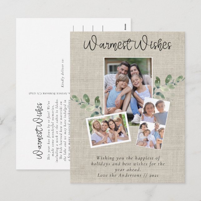 Cartes Pour Fêtes Annuelles Meilleurs Vœux Collage Photo Eucalyptus Burlap (Devant / Derrière)