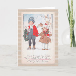 Cartes Pour Fêtes Annuelles Meilleurs voeux Noël Enfants Garçon Fille Vintage
