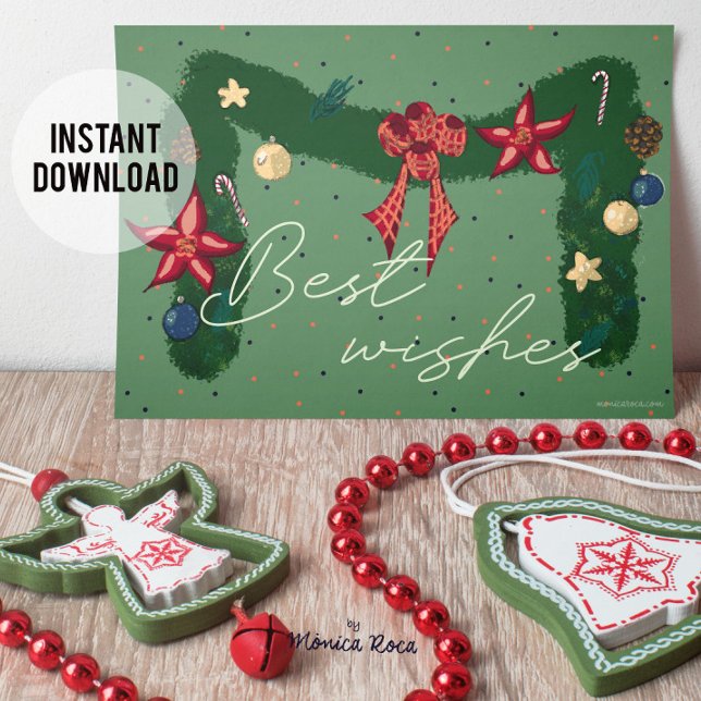 Cartes Pour Fêtes Annuelles Meilleurs voeux. Personnalisable  (Christmas greeting with the typical Christmas wreath. Downloadable digital option and printed paper)
