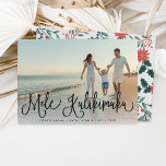 Cartes Pour Fêtes Annuelles Mele Kalikimaka | Hawaiian Holiday Photo Card<br><div class="desc">Chic holiday photo card features "Mele Kalikimaka, " the Hawaiian Christmas greeting,  in black hand lettered script typography as an overlay on your favorite beach or vacation photo. Cards reverse to a holiday botanical pattern in red,  green and mint.</div>