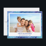 CARTES POUR FÊTES ANNUELLES MELE KALIKIMAKA HAWAIIAN TROPICAL BLUE PHOTO<br><div class="desc">Blue incandescent Faux Foil Mele Kalikimaka Hawaiian Tropical Palm Leaf Family Photo Christmas Holiday Card. The picture and family name can be replaced on this simple beach or coastal vacation Christmas Family Photo Card.</div>