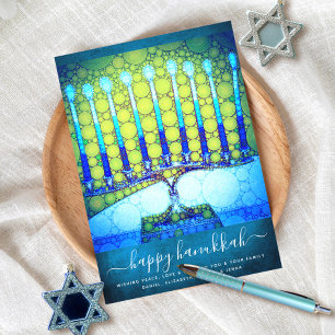 Cartes Pour Fêtes Annuelles Menorah bleue verte élégante pour Hanukkah sur fon