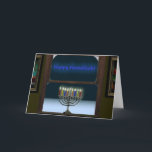 Cartes Pour Fêtes Annuelles Menorah Dans La Fenêtre<br><div class="desc">Une représentation d'une menorah traditionnelle de Chanukkah dans une fenêtre. La menorah se reflète dans la fenêtre,  il y a du gel sur le verre,  et de la neige dehors.</div>