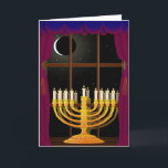 Cartes Pour Fêtes Annuelles Menorah Dans La Fenêtre<br><div class="desc">Menorah reflété dans la fenêtre,  avec la lune en déclin dans le ciel nocturne,  et Hanoukka bénédiction à l'intérieur</div>