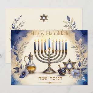 Cartes Pour Fêtes Annuelles Menorah de Hanukkah bleue et or personnalisée