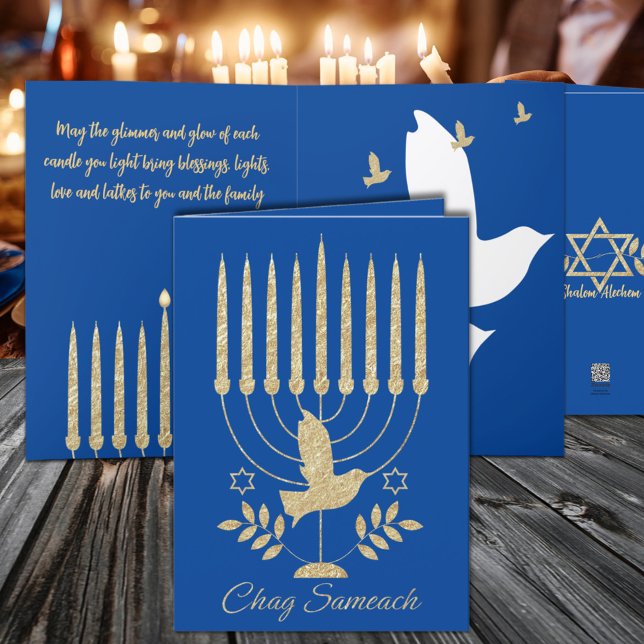 Cartes Pour Fêtes Annuelles Menorah élégante en or Colombe volante Hanukkah bl (Elegant Gold Flying Dove Menorah Blue Hanukkah Holiday Card, available in two sizes.)