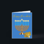 Cartes Pour Fêtes Annuelles Menorah Hanoukka<br><div class="desc">Elégante carte de voeux Hanoukka faite en bleu,  avec des graphiques d'une Menorah en or éclairé avec des bougies bleues et un tas de pièces de gélatine. Personnalisez l'accueil à l'intérieur pour lire ce que vous voulez.</div>