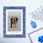 Cartes Pour Fêtes Annuelles Menorah Jaune Moderne Hanoukka Deux photos<br><div class="desc">Carte moderne Menorah bleu et jaune Hanoukka Deux photos de vacances</div>