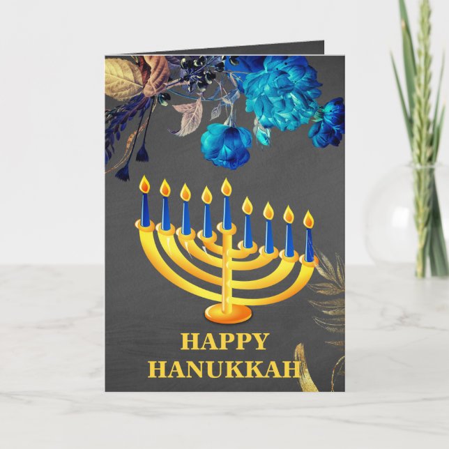 Cartes Pour Fêtes Annuelles Menorah moderne bleu et or Happy Hanoukka (Devant)