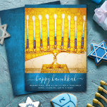 Cartes Pour Fêtes Annuelles Menorah or jaune élégant Hanoukka sur Turquoise pl<br><div class="desc">"Bonne Hanoukka". Une photo de fond illustrant une menorah d'or jaune brillant et colorée sur un arrière - plan bleu turquoise texturé vous aide à inaugurer les vacances de Hanoukka. Sentez la chaleur et la joie de la saison des Fêtes chaque fois que vous envoyez cette magnifique carte de voeux...</div>