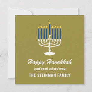 Cartes Pour Fêtes Annuelles Menorah White Blue Gold Nom de famille Happy Hanou