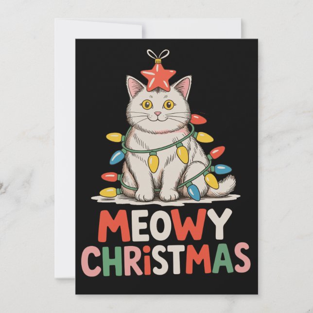 Cartes Pour Fêtes Annuelles MeowChristmas Funny Cute Chat Noël Lumières Fête (Devant)
