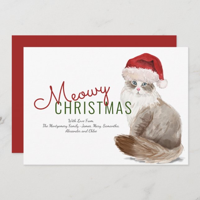 Cartes Pour Fêtes Annuelles Meowe Noël Chat sibérien Santa Hat Aquarelle (Devant / Derrière)