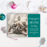 Cartes Pour Fêtes Annuelles Meowny Noël Turquoise Green Funny Chat Photo<br><div class="desc">Une carte parfaite pour montrer votre nouveau chaton de quarantaine ou meilleur ami de fureur ! Ce drôle "Meowy Christmas to You" chaton thème de vacances carte photo dispose d'une photo de votre bébé à côté de texte manuscrit et texte personnalisé que vous pouvez personnaliser avec un simple message de...</div>