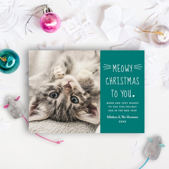 Cartes Pour Fêtes Annuelles Meowny Noël Turquoise Green Funny Chat Photo (Créateur téléchargé)