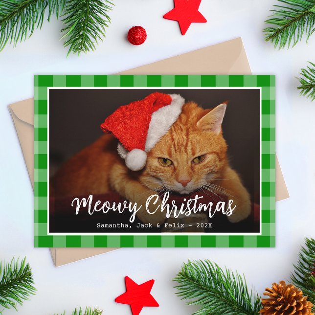 Cartes Pour Fêtes Annuelles Meowy Christmas Chat Photo & Script sur Plaid Vert (Créateur téléchargé)