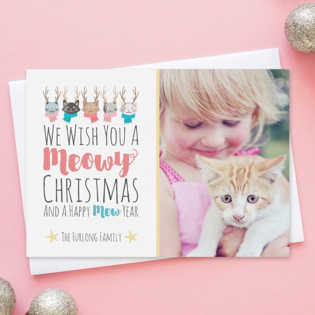 Cartes Pour Fêtes Annuelles 'Meowy Christmas' Holiday Cats In Antlers Photo (Créateur téléchargé)
