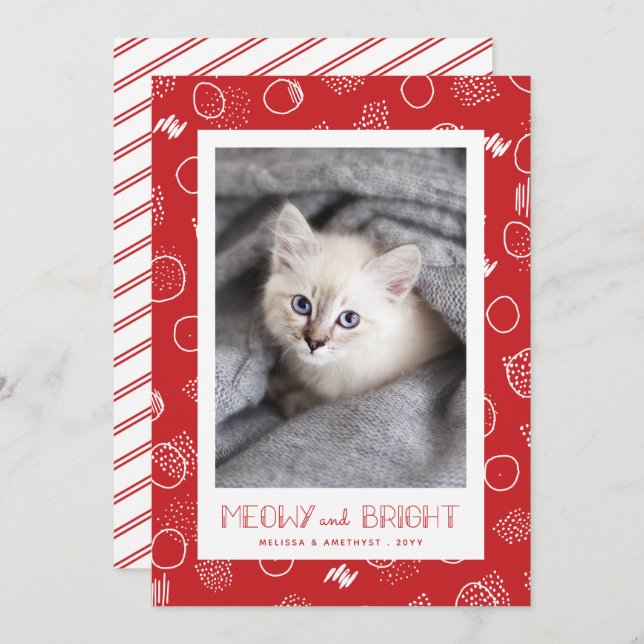 Cartes Pour Fêtes Annuelles Meowy et Bright | Rouge | Photo pour animaux (Devant / Derrière)
