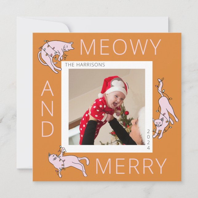 Cartes Pour Fêtes Annuelles Meowy et Joyeux Lumineux Chat de Noël (Devant)