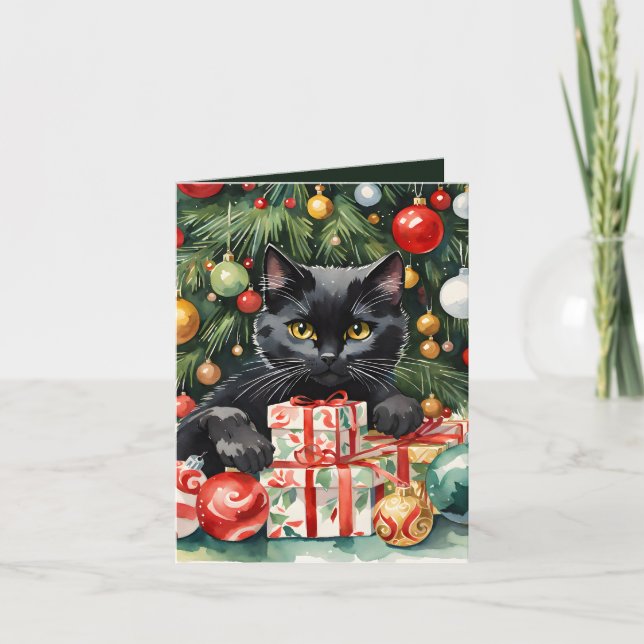 Cartes Pour Fêtes Annuelles Meowy Noël Black Kitten & Christmas Tree (Devant)