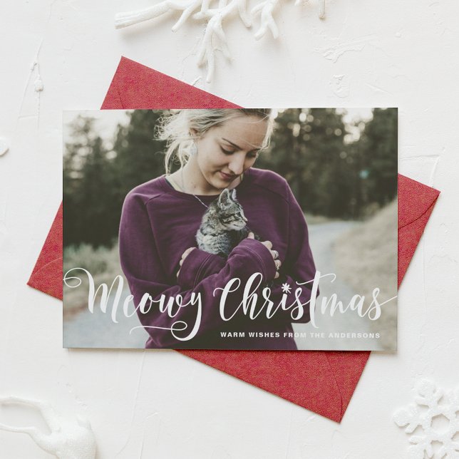 Cartes Pour Fêtes Annuelles Meowy Noël Calligraphie moderne Photo Chat (Créateur téléchargé)