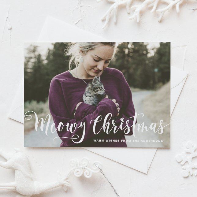 Cartes Pour Fêtes Annuelles Meowy Noël Calligraphie moderne Photo Chat (Créateur téléchargé)