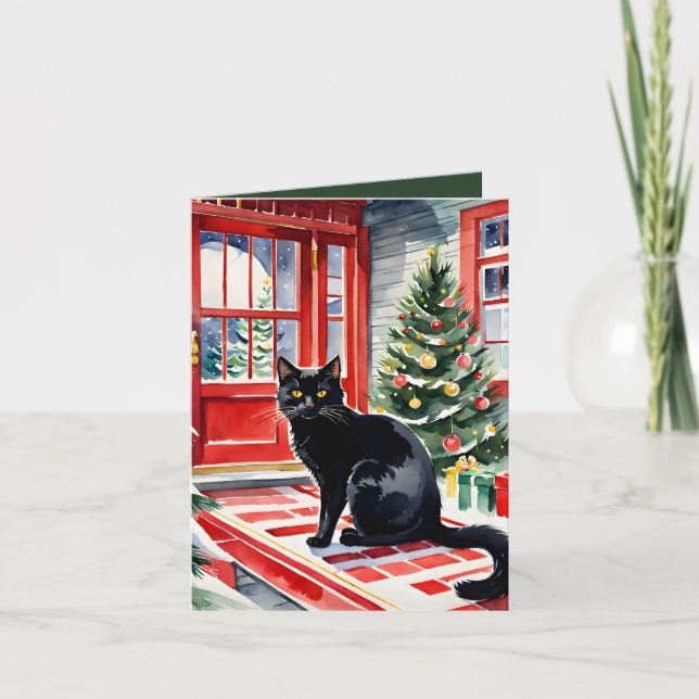 Cartes Pour Fêtes Annuelles Meowy Noël Chat noir & Arbre de Noël (Devant)