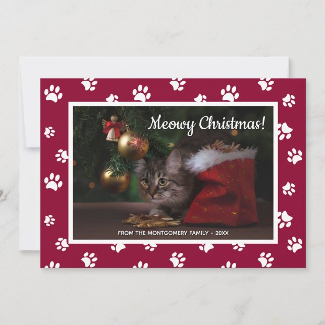 Cartes Pour Fêtes Annuelles Meowy Noël ! Cute White Empreintes de pattes photo (Devant)