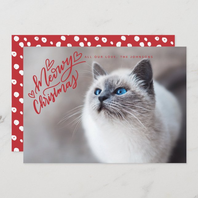 Cartes Pour Fêtes Annuelles Meowy Noël Rouge Main Lettering Chat photo complèt (Devant / Derrière)