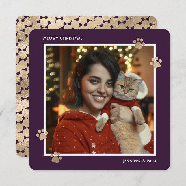 Cartes Pour Fêtes Annuelles Meowy Purple Gold Chat Propriétaire Photo moderne (Devant / Derrière)