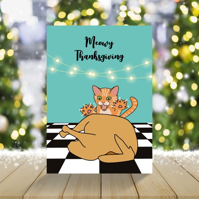 Cartes Pour Fêtes Annuelles Meowy Thanksgiving Drôle chat Turquie Dessin (Créateur téléchargé)