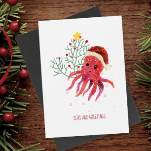 Cartes Pour Fêtes Annuelles Mer aux pieuvres mignonnes et arbre de Noël