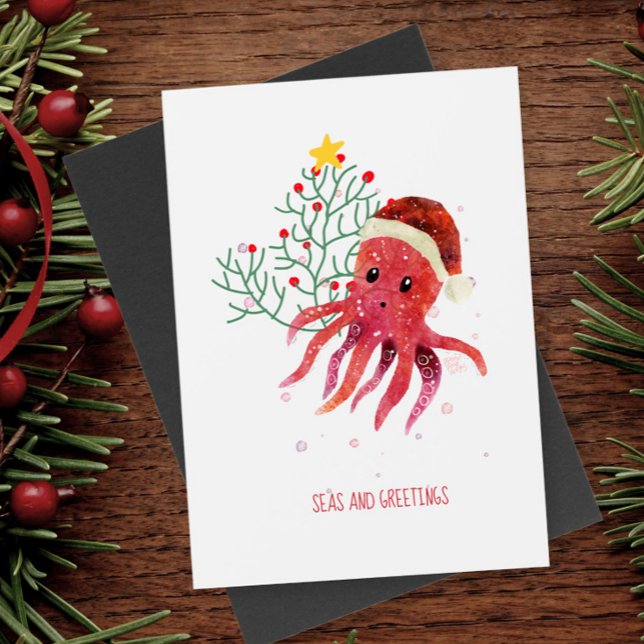 Cartes Pour Fêtes Annuelles Mer aux pieuvres mignonnes et arbre de Noël (Créateur téléchargé)