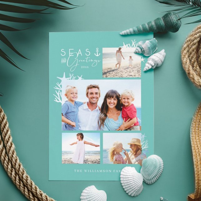 Cartes Pour Fêtes Annuelles Mer côtière et salutations Océan Turquoise Cadre p (Coastal Seas & Greetings Teal Ocean Photo Frame Holiday Card)