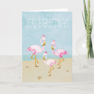 Cartes Pour Fêtes Annuelles Mer et salutations Aquarelle Flamants roses roses
