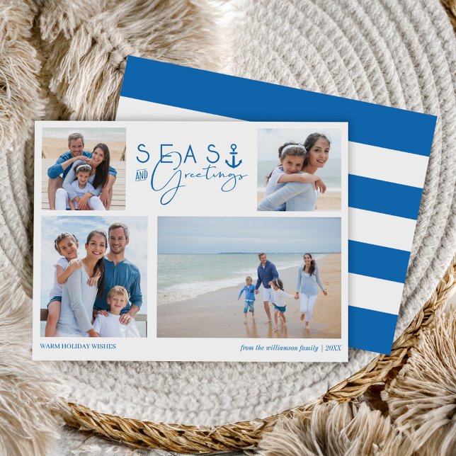 Cartes Pour Fêtes Annuelles Mer et salutations Bleu Nautique Multiphoto (Seas & Greetings Blue Nautical Multiple Photo Holiday Card)