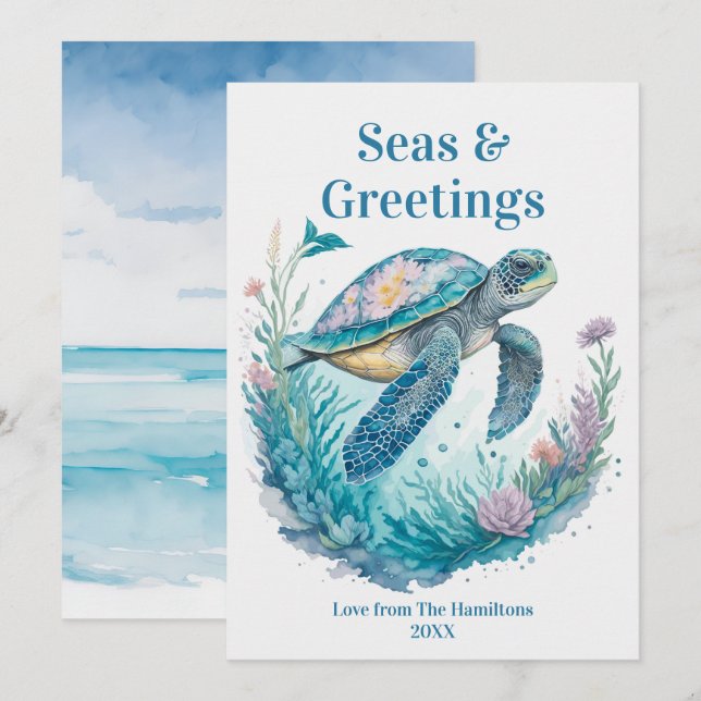 Cartes Pour Fêtes Annuelles Mer et salutations Noël côtier Aquarelle (Devant / Derrière)