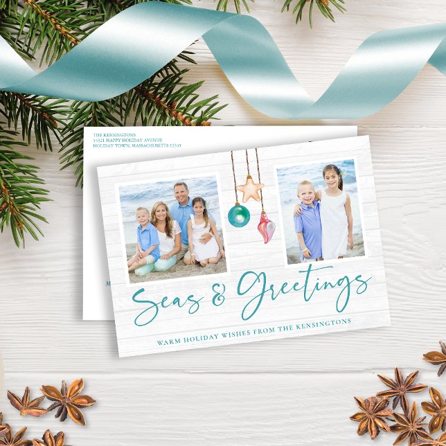 Cartes Pour Fêtes Annuelles Mer turquoise et salutations Seashell Orament Phot (Teal Seas and Greetings Seashell Ornament Photo Holiday Postcard)