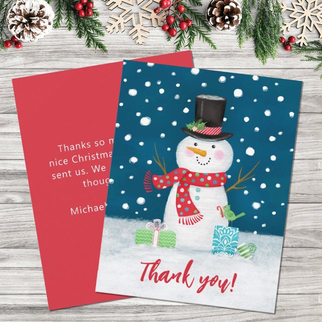 Cartes Pour Fêtes Annuelles Merci de Noël du motoneige d'hiver (A cute, festive Christmas holiday snowman thank you card.)