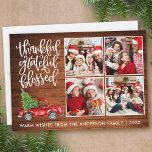 Cartes Pour Fêtes Annuelles Merci gracieux Camion en bois béni 4 Photo<br><div class="desc">Script de calligraphie moderne Merci gracieux bienheureux 4 Photo Collage Carte de vacances inclut un Camion Rouge Vintage Aquarelle avec arbre de Noël. Rustic Country Wood Print.</div>