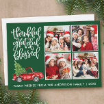 Cartes Pour Fêtes Annuelles Merci Grateful Camion béni 4 Photo Vert<br><div class="desc">Script de calligraphie moderne Merci gracieux bienheureux 4 Photo Collage Carte de vacances inclut un Camion Rouge Vintage Aquarelle avec arbre de Noël. Arrière - plan vert forestier.</div>